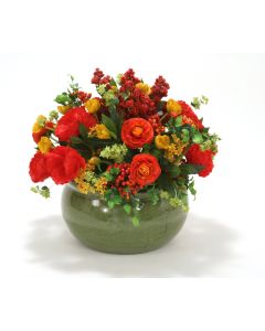 Orange, Red and Gold Garden Mix in Large Green Earthenware Planter