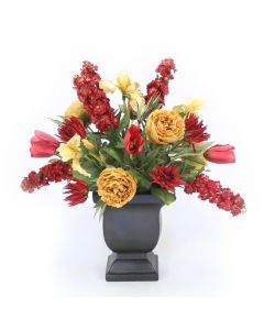 Gold Peonies with Tulips and Stock in Urn