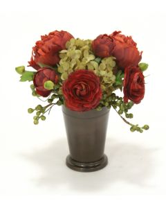Rust Ranunculus with Spice Peony and Hydrangea in Bronze Mint Julep