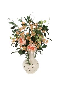Soft Pink Dogwood with Hops in Pierced White Cloud Vase