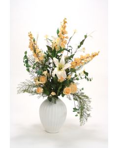 Peach and Cream Floral in Cream Linen White Fluted Vase