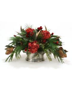 Harvest Centerpiece with Deer Horns and Feathers in Oval Pewter Planter