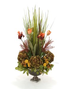 Natural Grass Garden with Flowers and Gold Yarrow in Metal Bronze Compote
