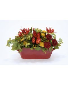 Rust Red, Gold and Green Floral in Oval Rust Planter