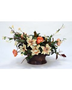 Magnolia with Peach Peonies in Metal Container