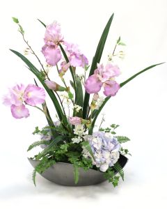 Lavender Iris With Hydrangeas in Cosmic Bowl