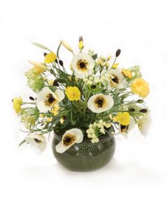 Yellow Poppies, Clover with Wildflowers in Green Stoneware Bowl