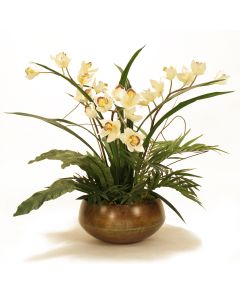 Cream Orchids with Purple Center in Metal Planter