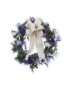 Spring Wreath with Purple Flowers and Burlap Ribbon