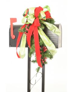 Pine Mailbox Decoration with Burgundy Berries and Christmas Mixed Ribbon