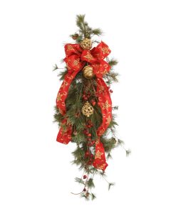 Swag with Wispy Pine with Gold Ornaments and Red Ribbon