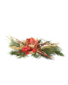 Pine Tablescape with Red Poinsettia And Red And Gold Ribbon