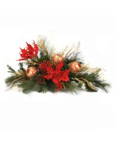 Red Poinsettia Mantle Arrangement with Pine and Ornaments