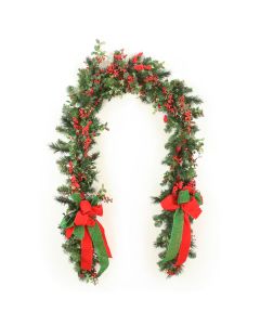 Mix Pine Garland with Red Berries and Red and Green Ribbon