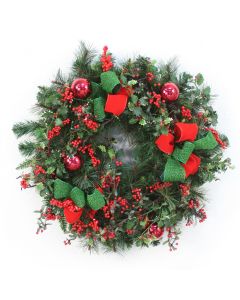 Mix Pine Wreath with Red Berries, Red Glass Ornaments and Red and Green Ribbon