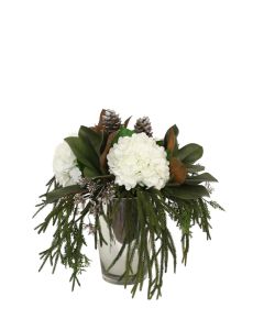 White Hydrangea's w Magnolia and Pine in Glass Vase