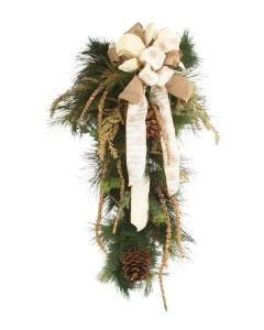 Swag Pine with Cedar and Gold Hanging Amarysis with Cream Velvet and Snowflake Ribbon