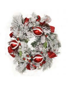 Snow Pine Wreath with Red and White Striped Ornaments and Ribbon