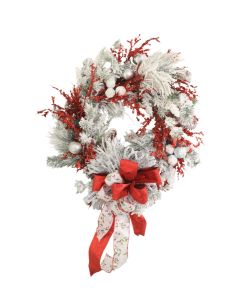 Snow Pine Wreath with Red and Silver Accents