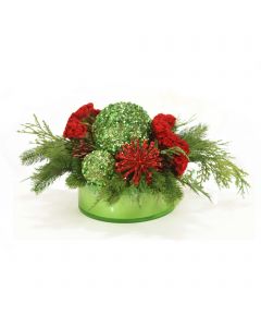 Red and Green Christmas Floral in Green Glass Bowl
