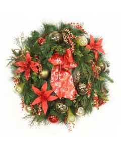 Pine Wreath with Mix of Green Ornaments and Red Flowers