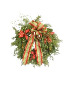 Cedar Wreath with Red and Green Accents and Red Flowers with Multi Colored Ribbon