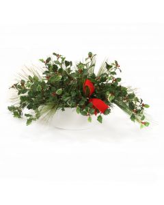 Pine Mix with Holly Berries in White Oval Planter
