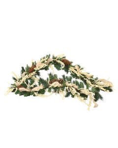 Pine Garland Decorated with Cream Berries Pine Cones and Tan Burlap Ribbon