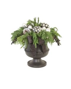 Mixed Pine with Black and Silver Ornaments and Black Berries in Black Urn