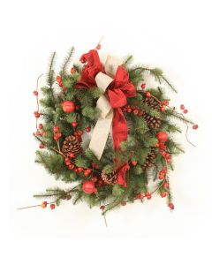 Hickory Pine Wreath with Crabapples and Ribbon