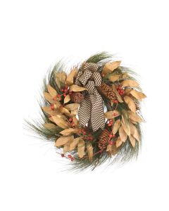 Long Needle Pine Wreath Crab Apples, Natural Leaves, Pine Cones with Burlap Chevron Ribbon