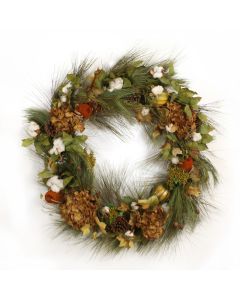 Large Pine Wreath with Green Brown Hydrangea's,Banski and Cotton and Pine Cones