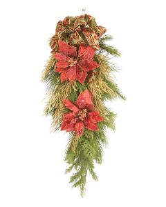 Cedar Swag with Red Jeweled Poinsettia and Gold Spray Ribbon with Green and Red Swirls