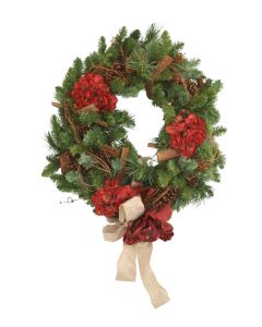 24" Wreath with Hydrangea's and Burlap Ribbon