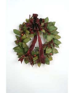 Magnolia Leaf Wreath with Crimson Berries and a Crimson Ribbon with Gold Trimming