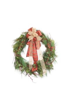 Cedar Wreath and Long Needle Pine  with Berries and Plaid and Burlap Open Weave Ribbon