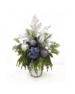 Blue Hydrangeas with Drooping Pine and Glitter Accents in Silver Vase