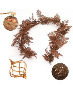 Designer Ornament Group featuring Bronze Gold and Glass Ornaments with Bronze Garland