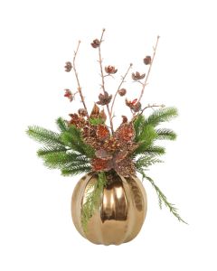 Pumpkin Vase With Pine And Bronze Poinsettia