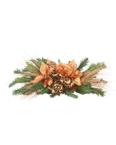 Pine Tablescape With Bronze Poinsettias And Ribbon