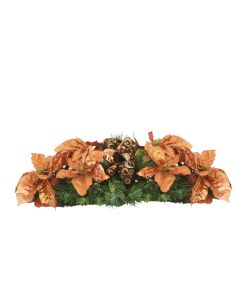 Pine Tablescape With Bronze Poinsettias And Ribbon