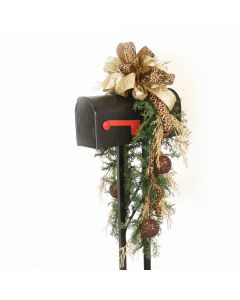 Mailbox Garland with Gold and Brown Ornaments and Leopard Ribbon