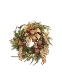 Hickory Pine Wreath Mixed with Bronze Ornaments, Leopard and Gold Ribbon