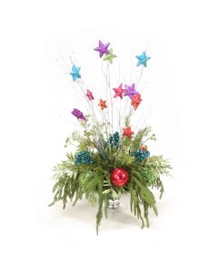 Bright and Colorful Arrangement with Ornaments and Drooping Pine