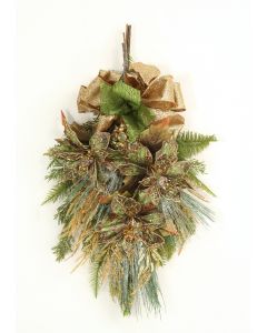 Fir Swag with Green and Gold Jeweled Poinsettias and Gold Cypress with Green and Gold Ribbons