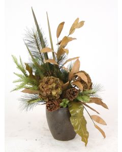 Harvest Floral with Hydrangea and Pine in A Crystal Bronze Plum Pot