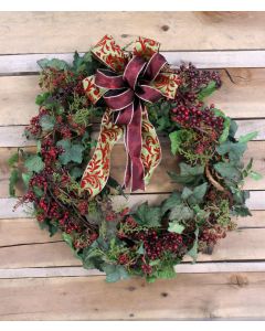 27" Ivy Wreath with Burgundy Berries with A Green and Burgundy Swirl Ribbon