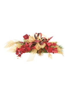 Tablescape Dark Red Phalaenopsis with Pine, Cedar Branch, Ornaments and Burgundy and Gold Ribbon Small