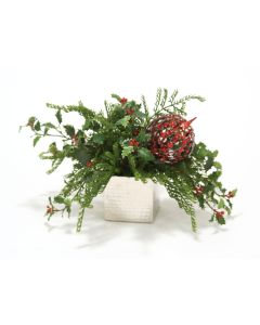 Variegated Holly and Cedar with A Red Ornament in A Nickel Hand Hammered Square Planter