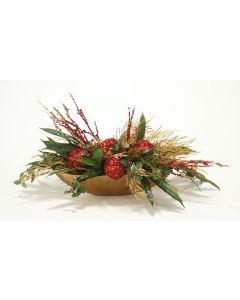 Holiday Red and Gold Centerpiece in A Low Oval Scalloped Gold Vase